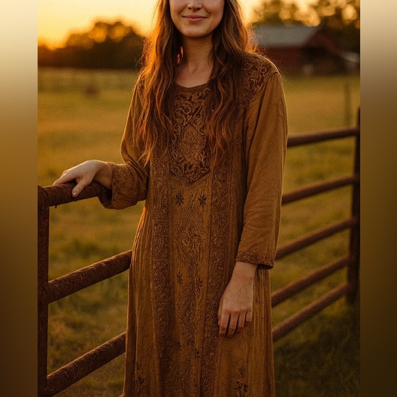 Vintage Bohemian Embroidered Maxi Dress Brown Velvet Detail Large one size boho - Picture 1 of 13